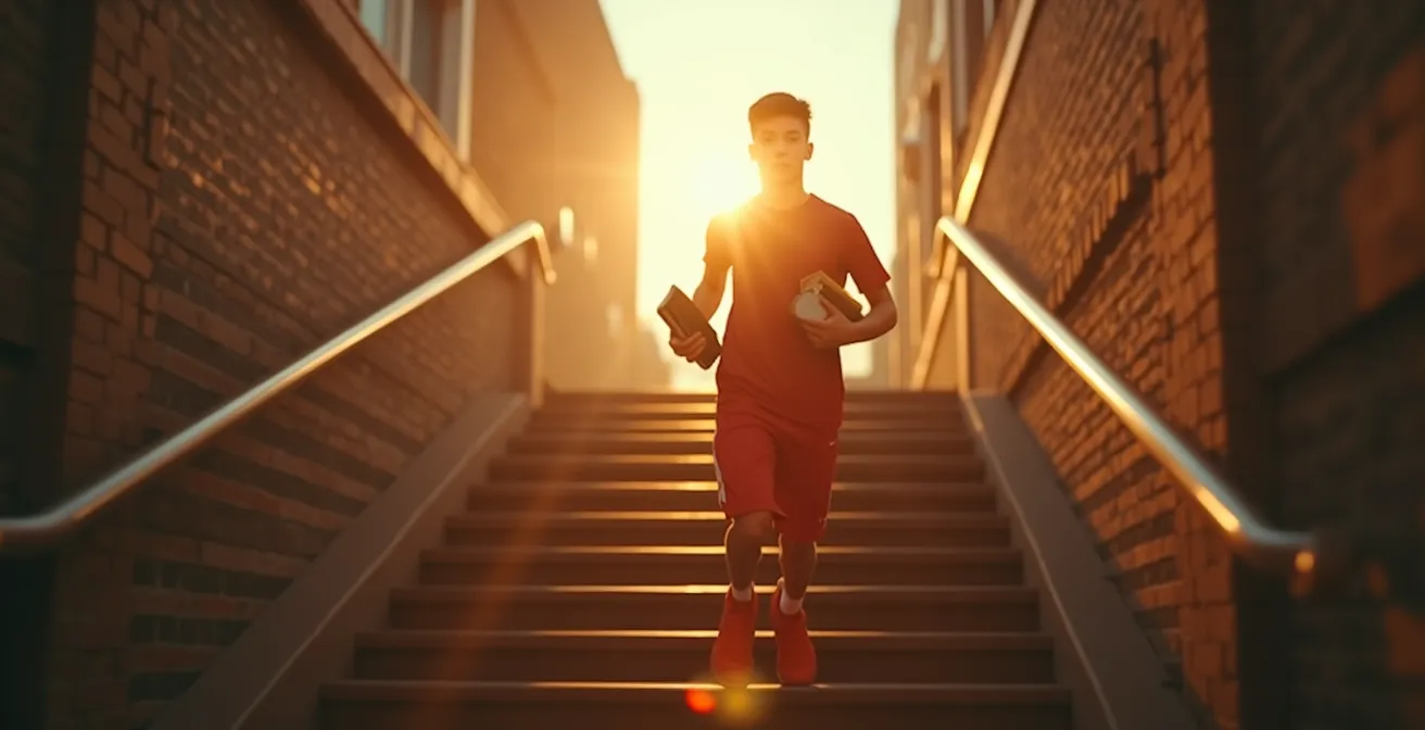 Athlète étudiant équilibrant études et entraînement sportif en plein air devant un bâtiment scolaire
