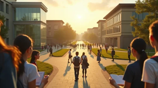 Étudiants face à un choix d'orientations scientifiques avec symboles université et prépa