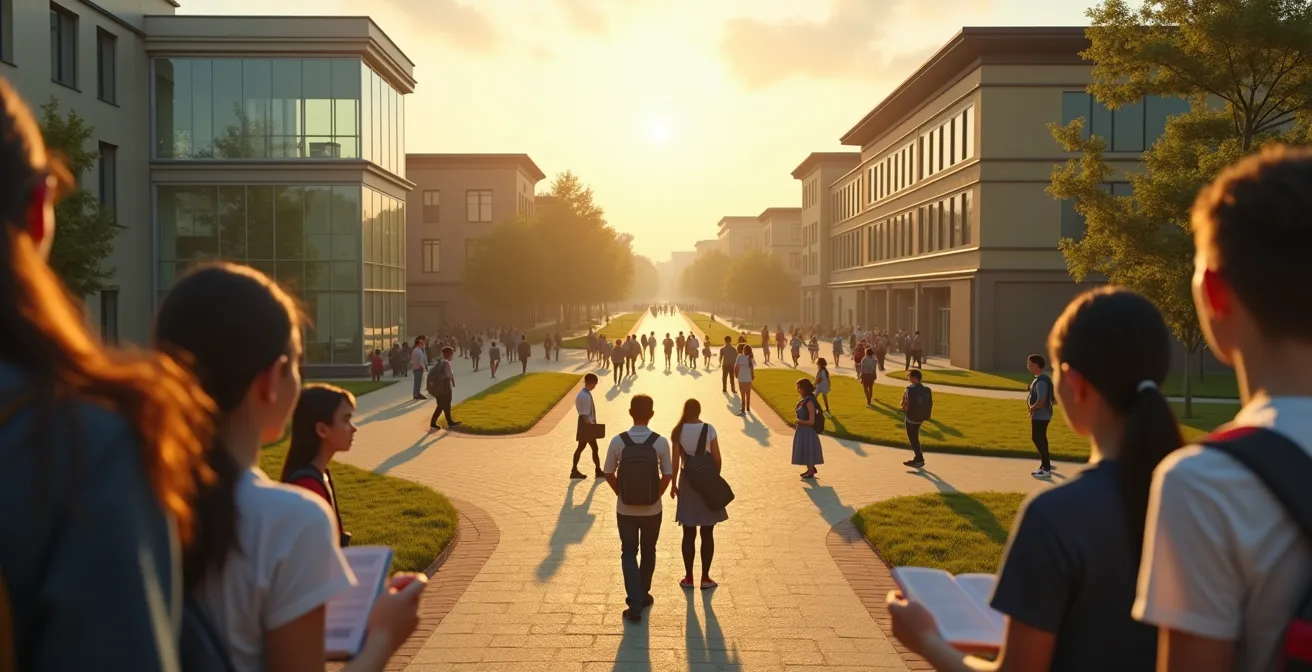 Étudiants face à un choix d'orientations scientifiques avec symboles université et prépa