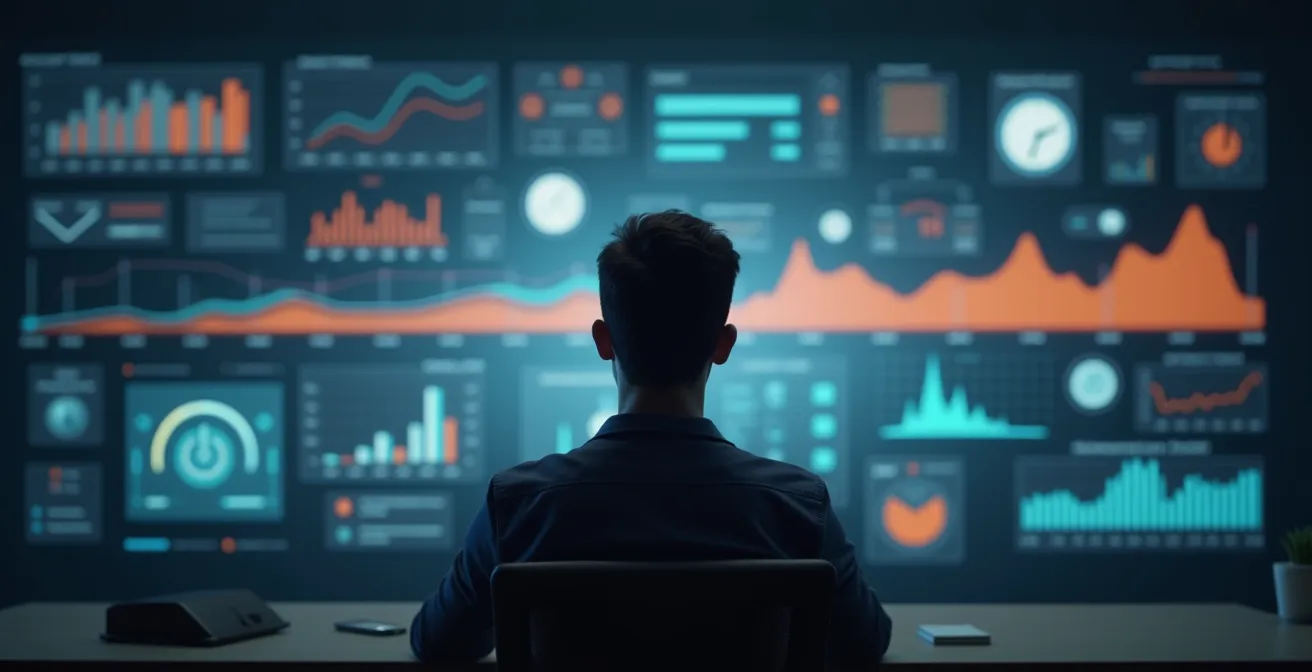 Une personne visualise un graphique de gestion de l'attention sur écran, entourée de rappels et symboles de concentration.