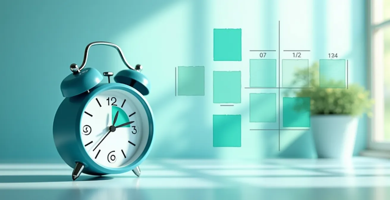 Représentation graphique d’un système de gestion du temps avec chronotype et matrice d’Eisenhower