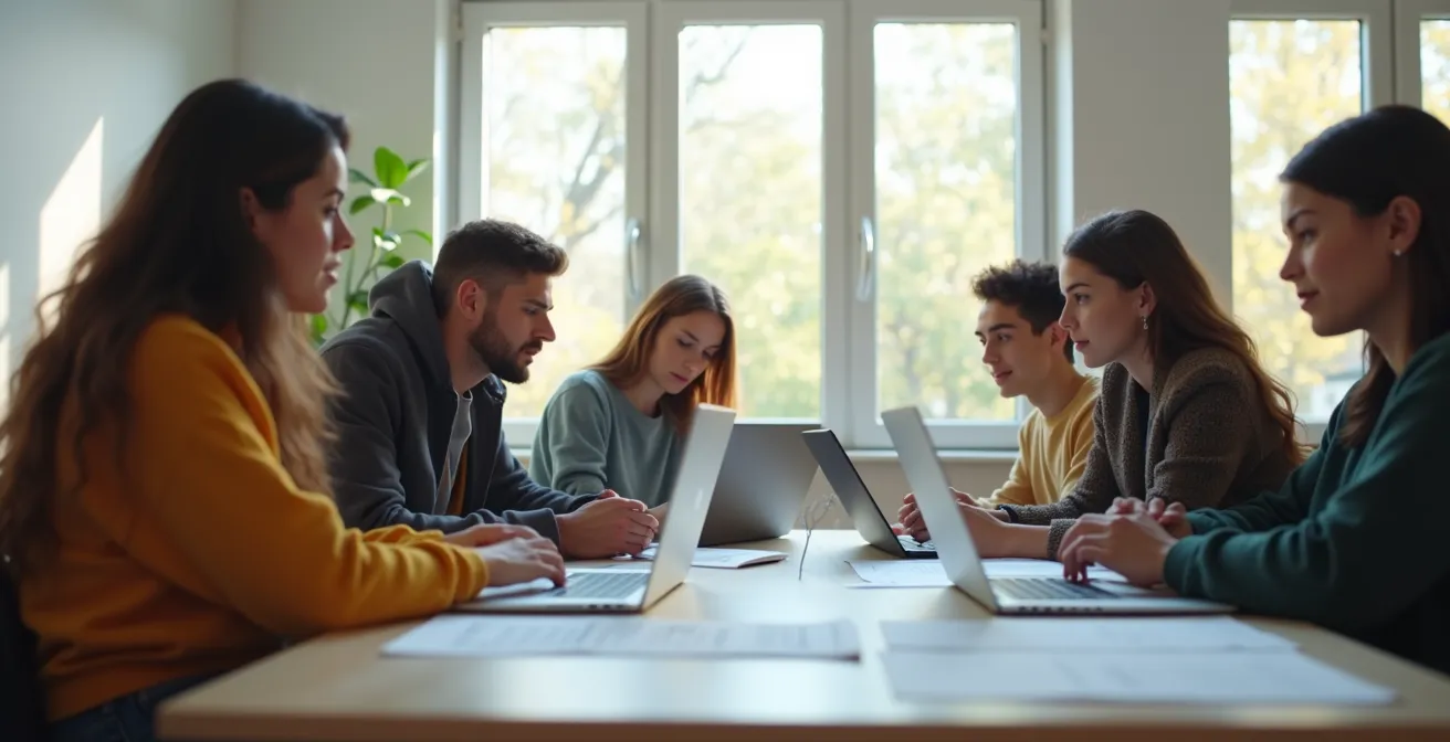 Étudiants en situation d'étude collaborative avec ordinateur et documents techniques, symbolisant la valorisation des compétences pratiques.