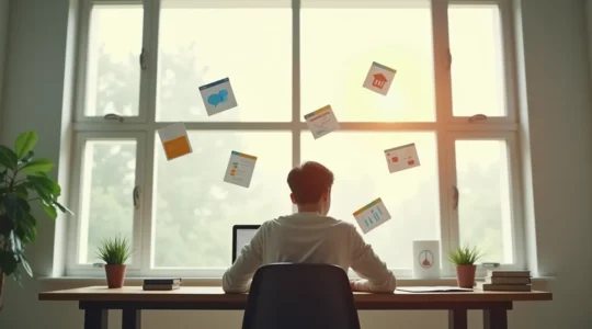 Un espace symbolisant l'apprentissage à distance, avec une personne devant plusieurs écrans, entourée de livres et de schémas de connaissances reliant les éléments.