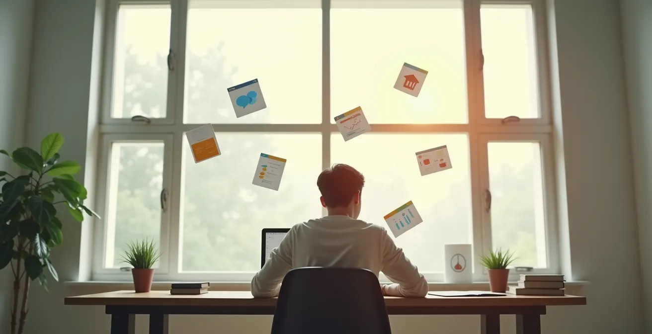 Un espace symbolisant l'apprentissage à distance, avec une personne devant plusieurs écrans, entourée de livres et de schémas de connaissances reliant les éléments.