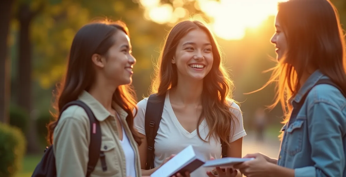 Étudiant équilibrant études et activités sociales, avec planning visible, ambiance optimiste et dynamique