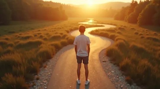 Jeune étudiant regardant un chemin avec plusieurs directions symbolisant la recherche de son orientation post-bac