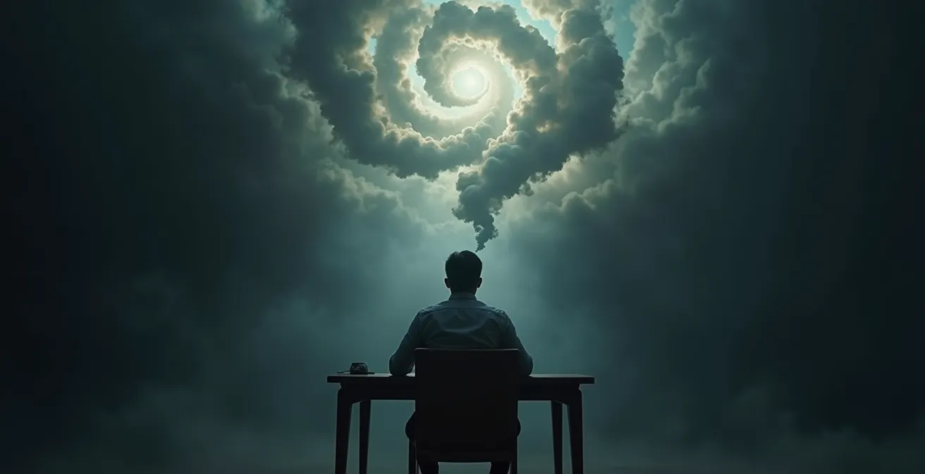 Illustration symbolique d'un individu face à des pensées complexes illustrant les biais cognitifs et pièges mentaux dans le choix d'orientation