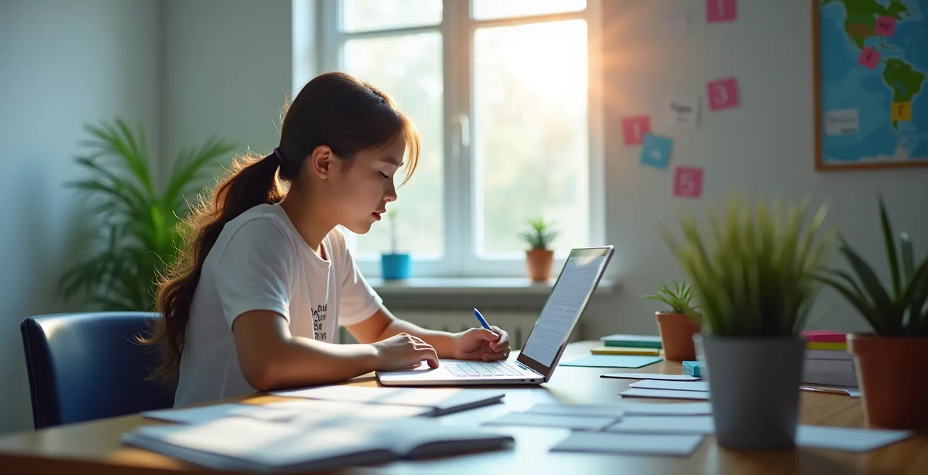 Schéma illustrant un étudiant utilisant la méthode agile pour son plan de révision avec des flashcards pour la répétition espacée