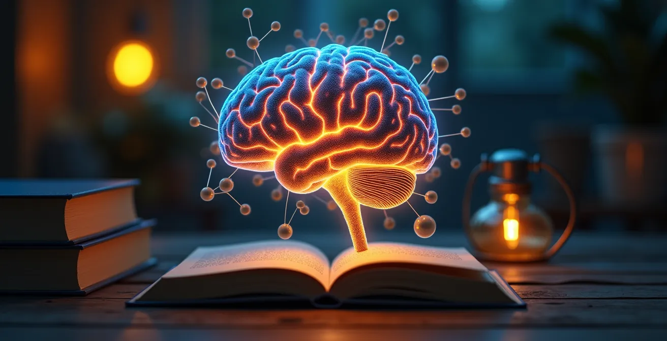 Illustration symbolique d'un cerveau humain ouvert mettant en lumière les processus de mémorisation active et les sciences cognitives appliquées à la préparation d'examens.