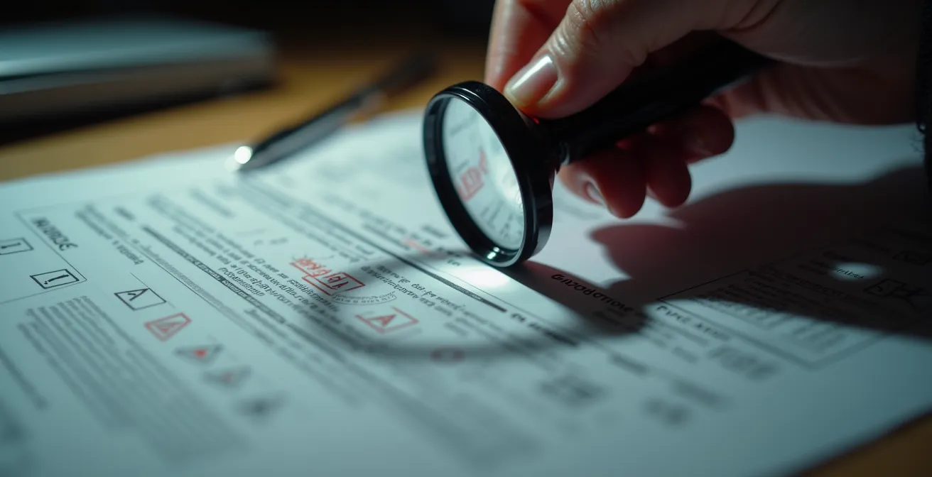 Image d'une loupe sur un document officiel avec des symboles d'alerte, représentant les vérifications nécessaires pour éviter une formation frauduleuse