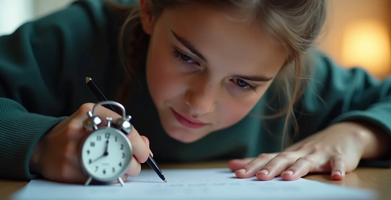 Un étudiant concentré en pleine épreuve de test, avec un chronomètre et un environnement calme, montrant la maîtrise de la gestion du temps.