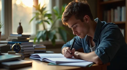 Étudiant en prépa concentré, entouré de livres, planning bien organisé avec éléments symboliques d'énergie et équilibre vie sociale