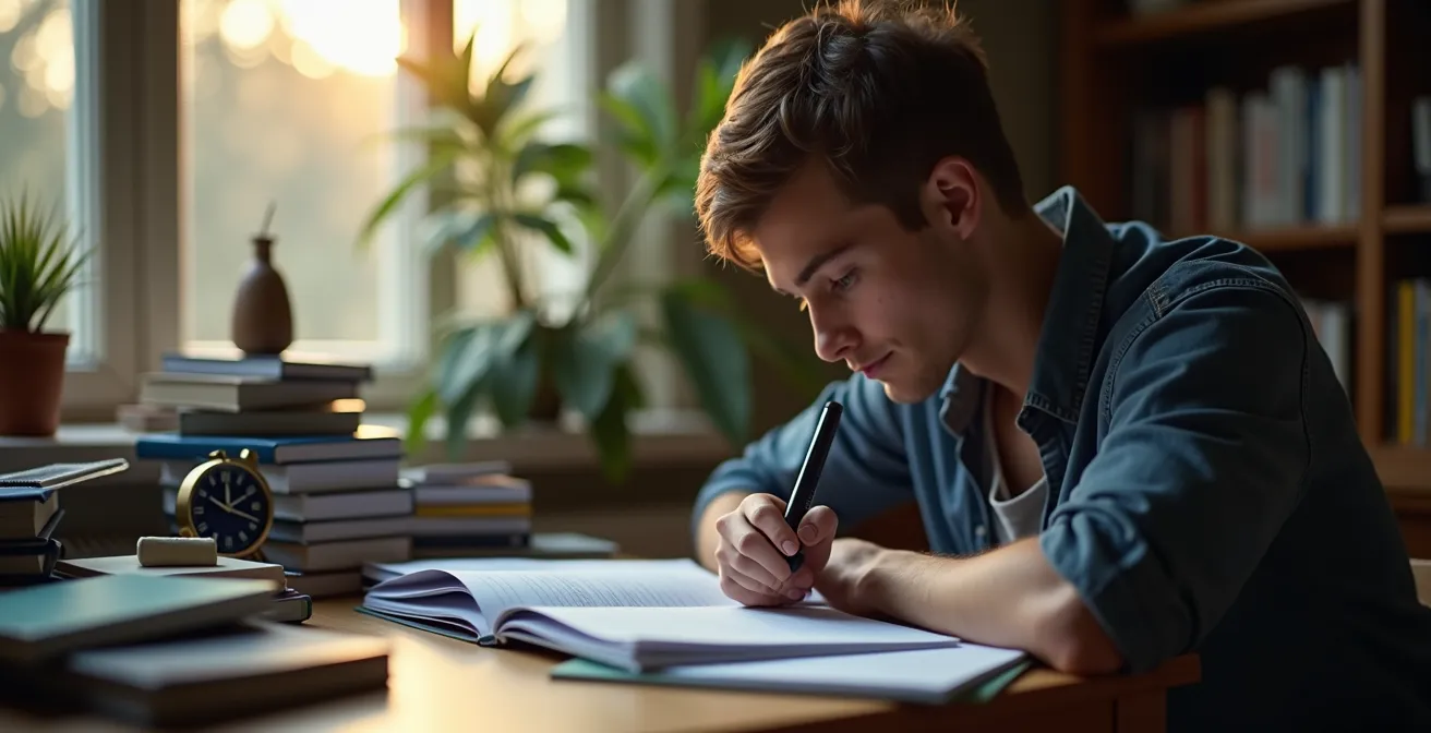 Étudiant en prépa concentré, entouré de livres, planning bien organisé avec éléments symboliques d'énergie et équilibre vie sociale