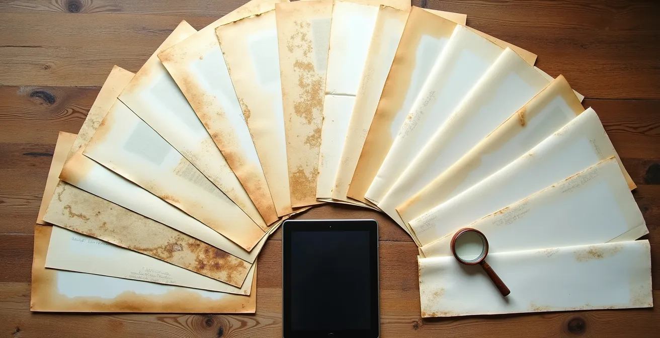 Vue plongeante sur une table avec des annales anciennes et récentes disposées chronologiquement, effet de profondeur temporelle