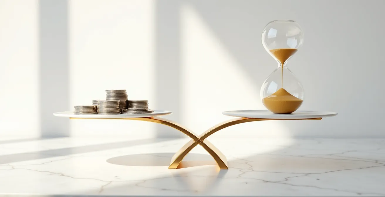 Balance dorée en équilibre avec d'un côté des pièces de monnaie et de l'autre un sablier, dans un environnement minimaliste