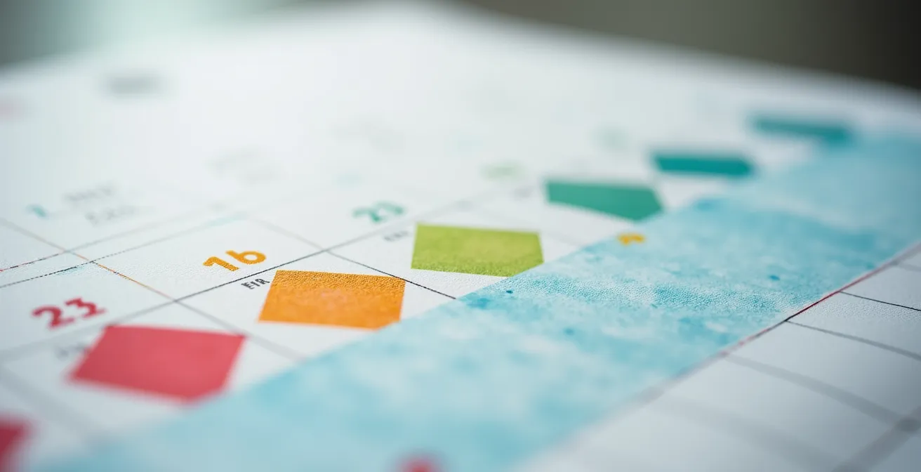 Vue macro d'un agenda papier avec blocs de temps colorés organisés visuellement