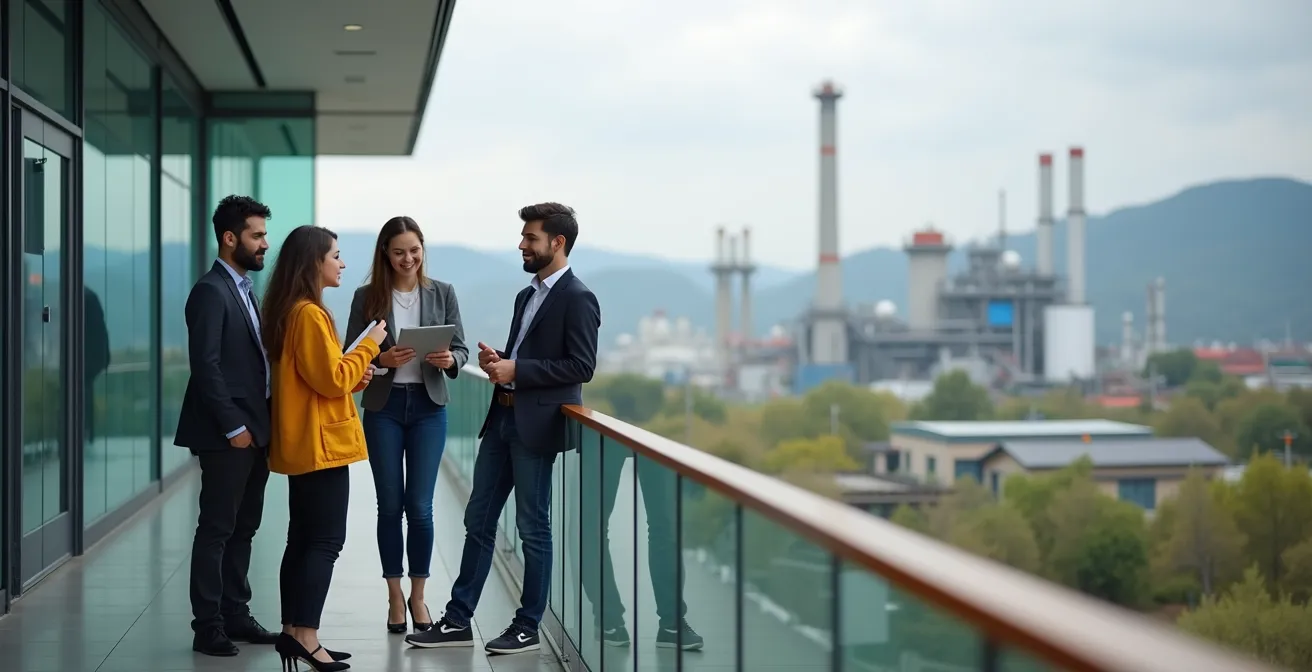 Vue panoramique d'un campus d'école d'ingénieur intégré dans un paysage industriel régional