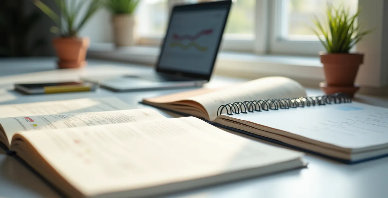 Vue d'ensemble d'un bureau organisé avec documents de candidature et ordinateur portable