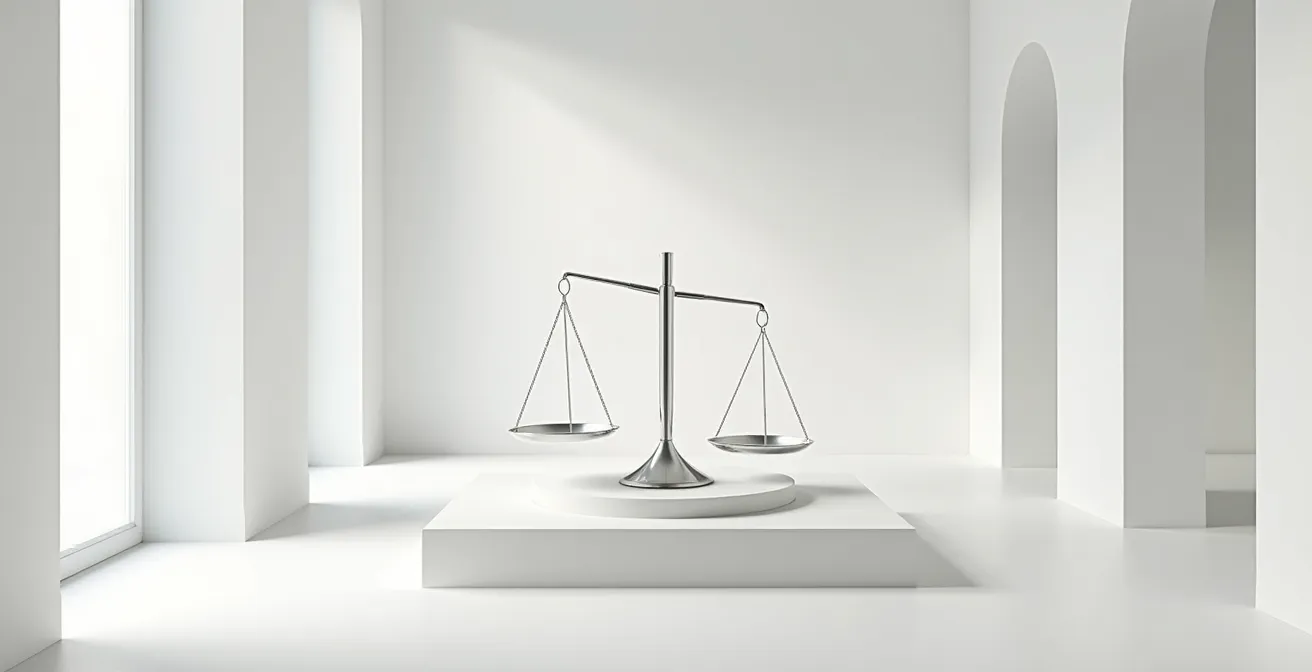 Balance de justice stylisée avec des symboles du secteur public et privé de chaque côté, illustrant les différences d'exigences