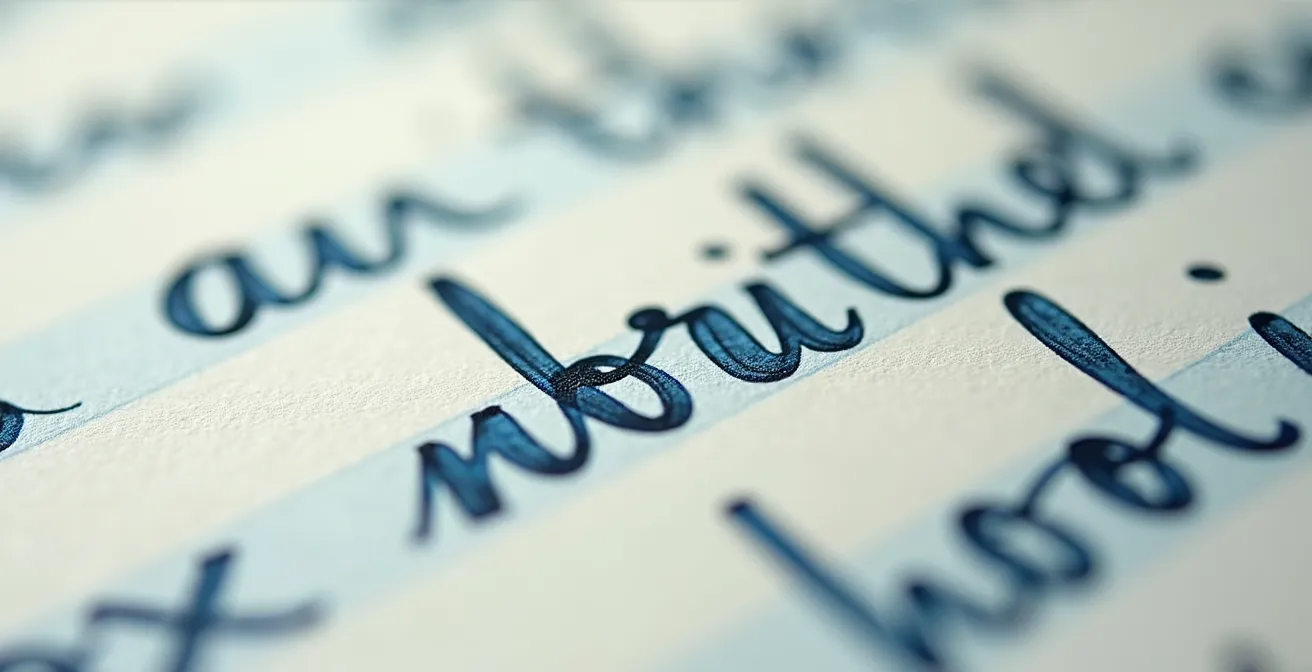 Vue macro d'une copie d'examen montrant la texture du papier et les traits d'écriture avec une mise en page impeccable