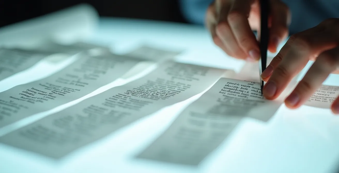 Personne assemblant des éléments de sujets d'annales pour créer un nouveau sujet, vue macro sur les mains et les documents