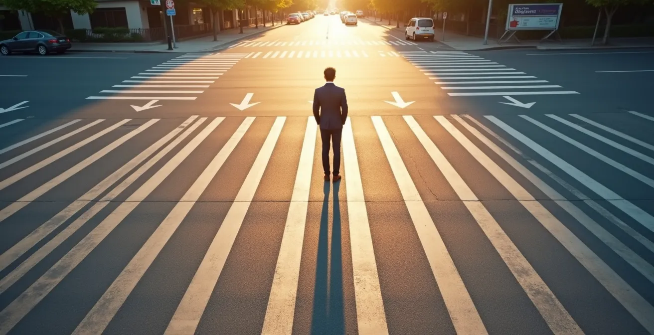 Carrefour moderne avec multiples voies convergeant, vue du dessus montrant différents chemins possibles