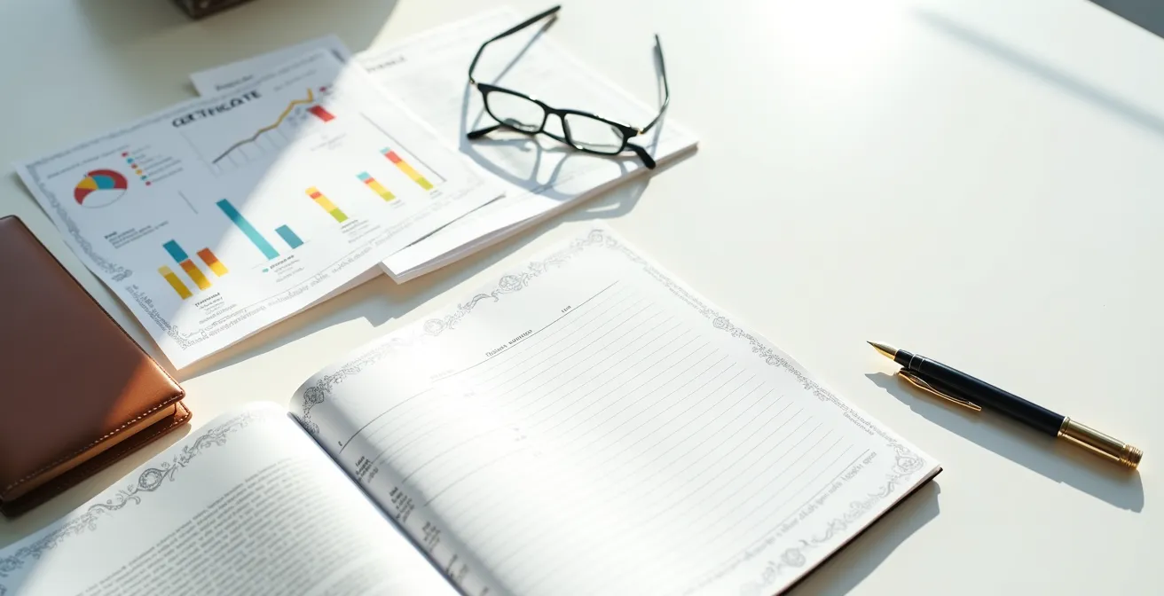 Bureau avec dossier de candidature structuré et documents professionnels organisés