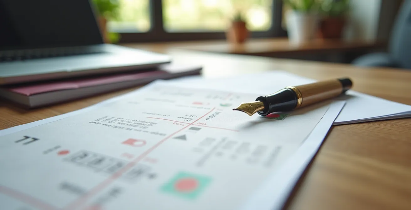 Vue en plongée d'un bureau avec des documents administratifs soigneusement organisés pour une demande d'effacement de casier judiciaire