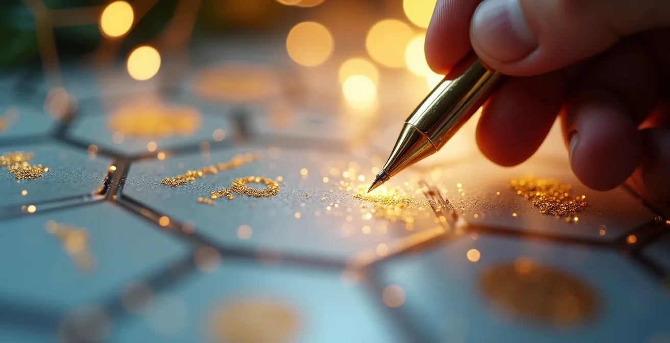 Vue macro d'une main traçant des connexions dorées entre différents symboles de bourses sur une surface de verre givré