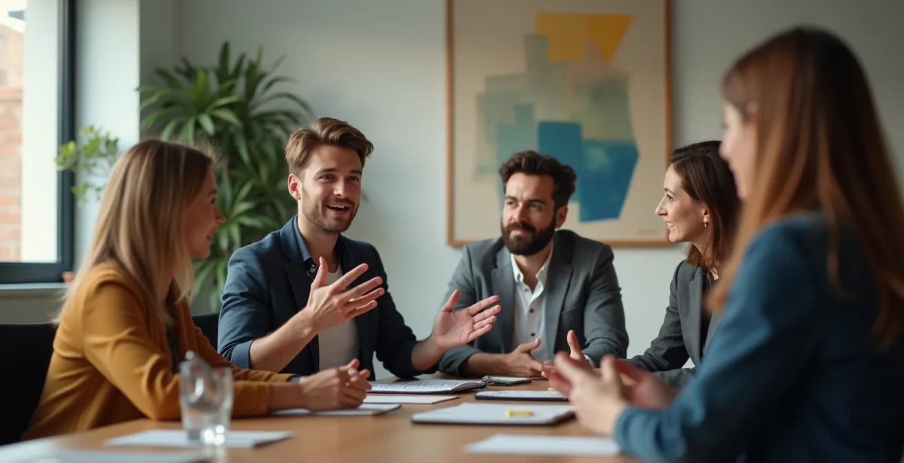 Candidat en entretien avec un jury dans une salle moderne et lumineuse