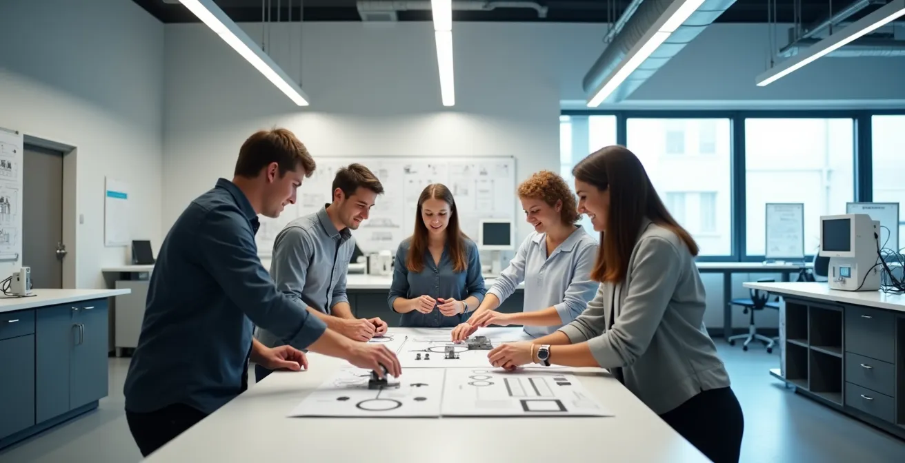 Étudiants en BUT travaillant intensément sur un projet technique en équipe