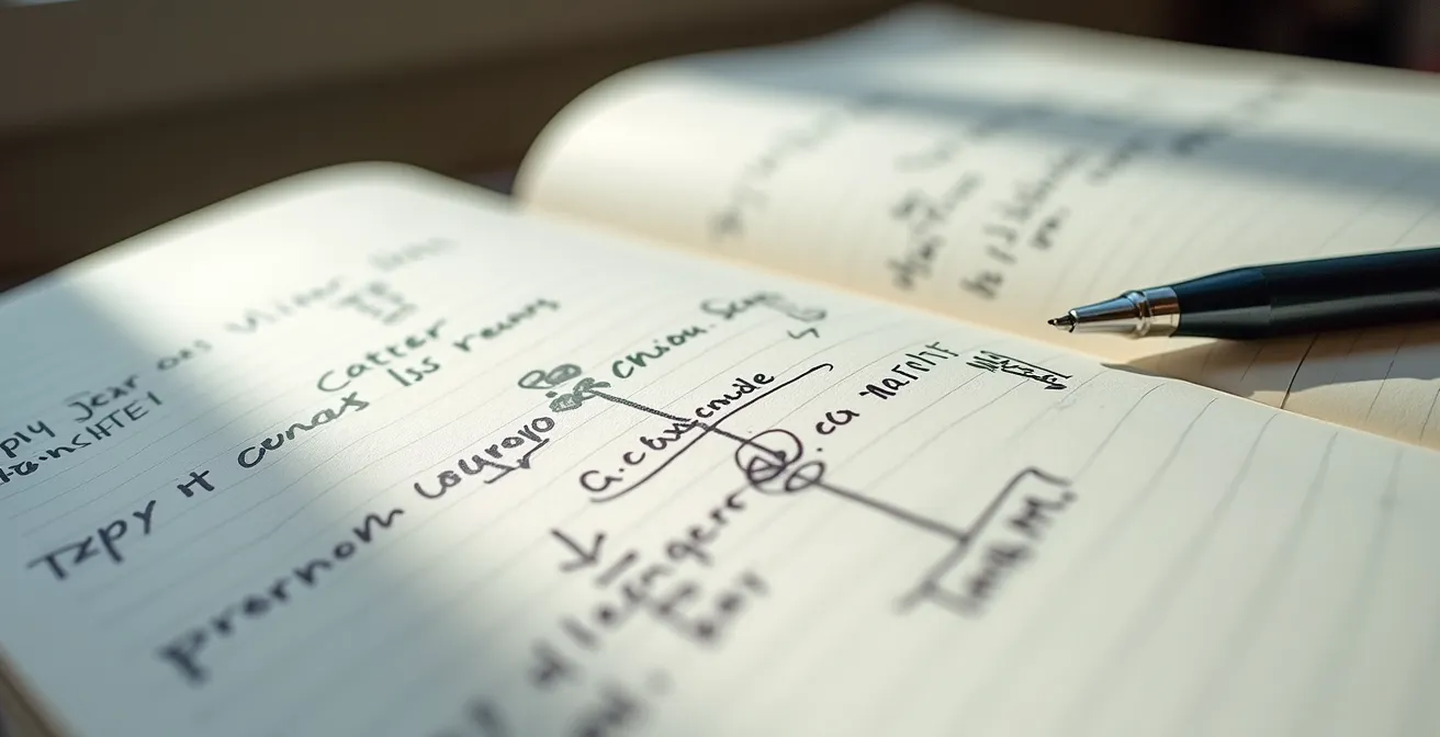 Carnet ouvert avec stylo posé, montrant des notes manuscrites et diagrammes, dans un environnement de travail épuré