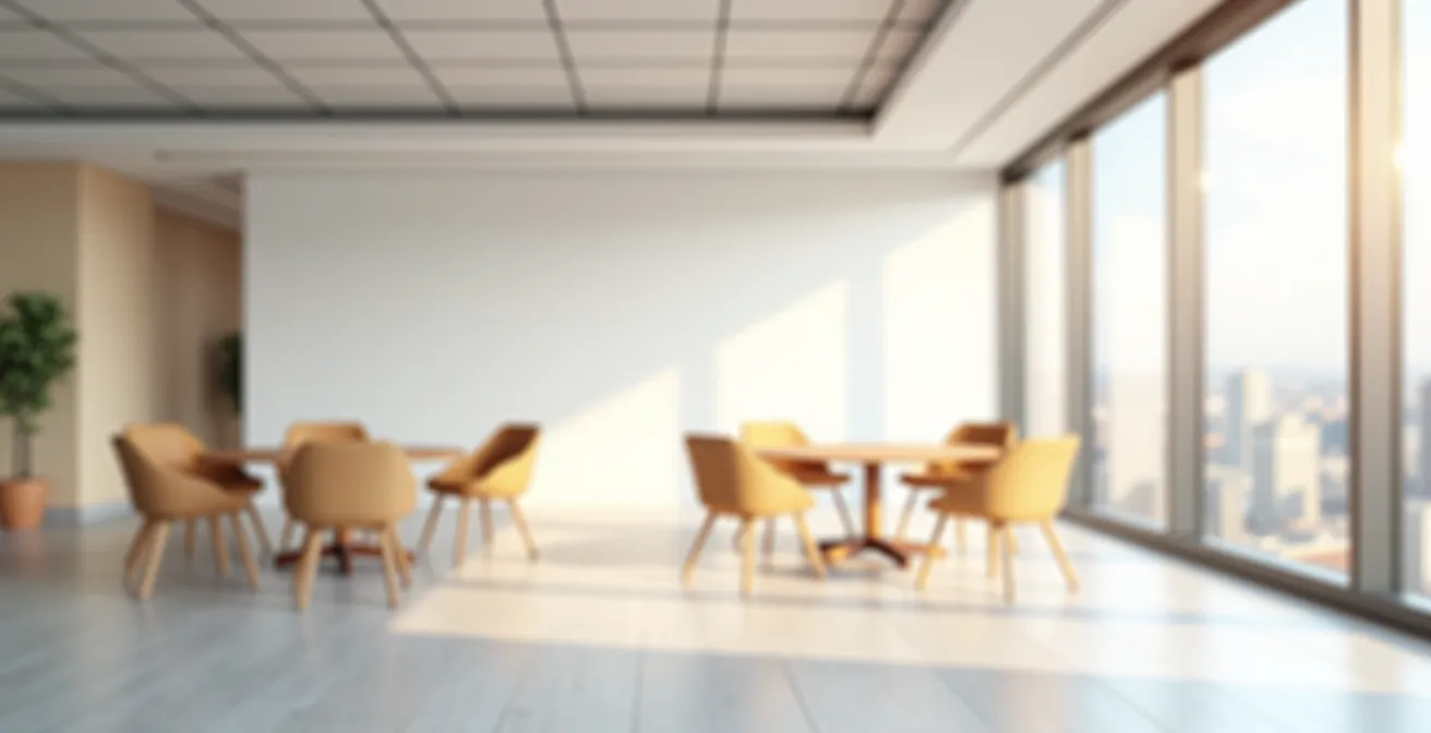 Espace de travail minimaliste avec vue sur la ville illustrant le nouveau management public