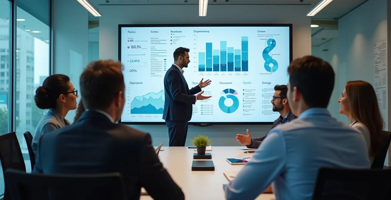 Salle de réunion hospitalière moderne avec directeur présentant des données sur tableau interactif