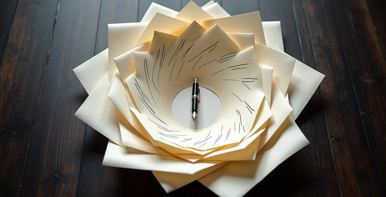 Composition abstraite montrant une spirale de papiers manuscrits convergeant vers un point central, symbolisant le processus de problématisation