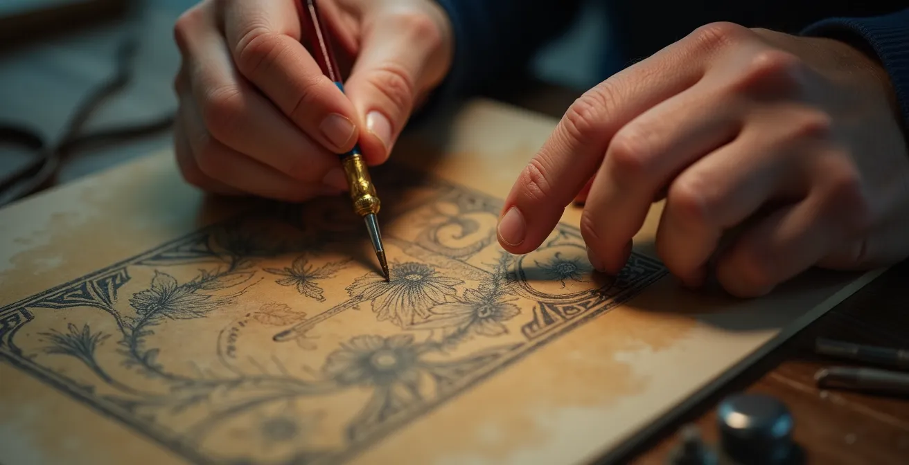 Gros plan sur des mains manipulant des outils de restauration d'œuvres d'art