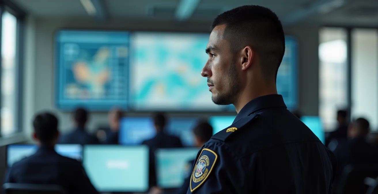 Portrait d'un officier de police en uniforme dans un contexte urbain moderne