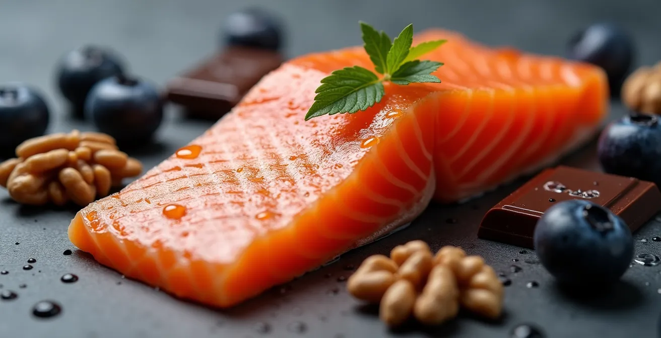Détail macro d'aliments riches en oméga-3 et nutriments essentiels pour la performance cognitive