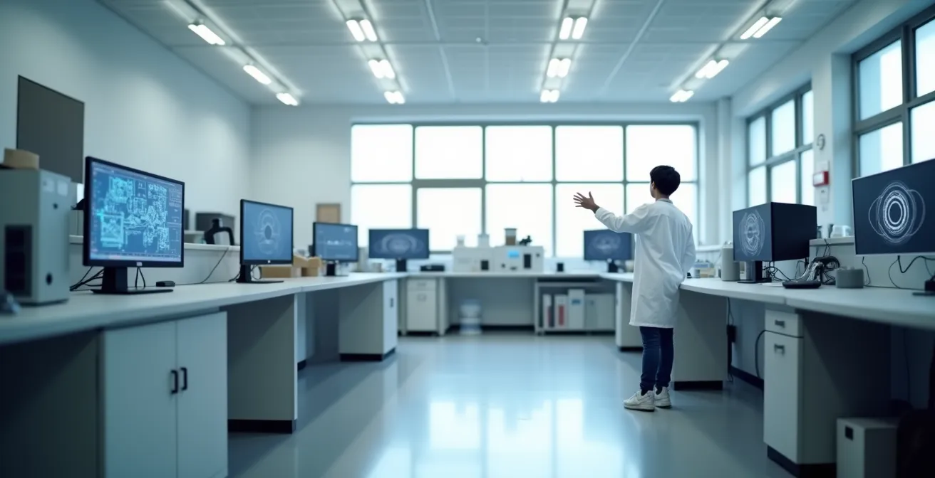 Vue large d'un laboratoire de TP avec étudiant présentant ses résultats expérimentaux