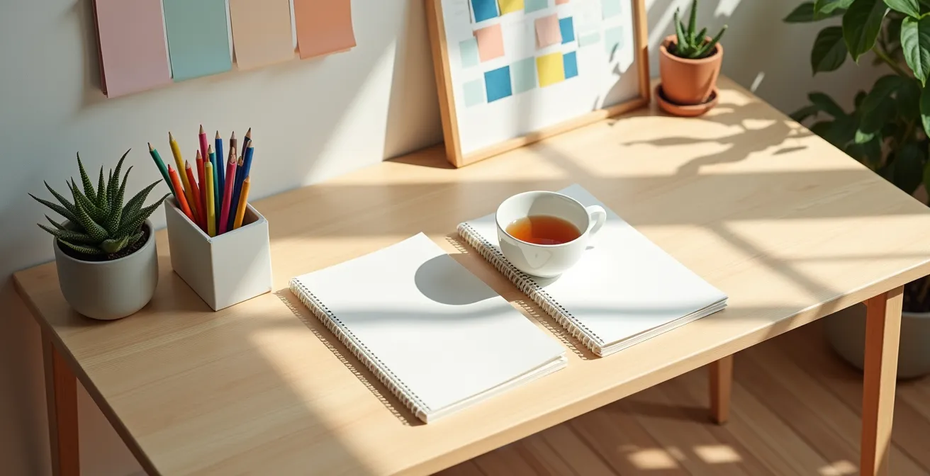 Vue d'ensemble d'un espace de travail organisé avec calendrier de révisions et matériel d'étude méthodiquement arrangé