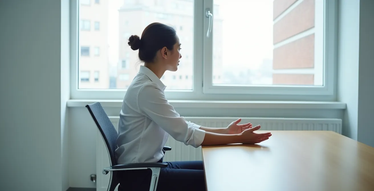 Candidat en posture d'écoute active face au jury, corps légèrement incliné vers l'avant