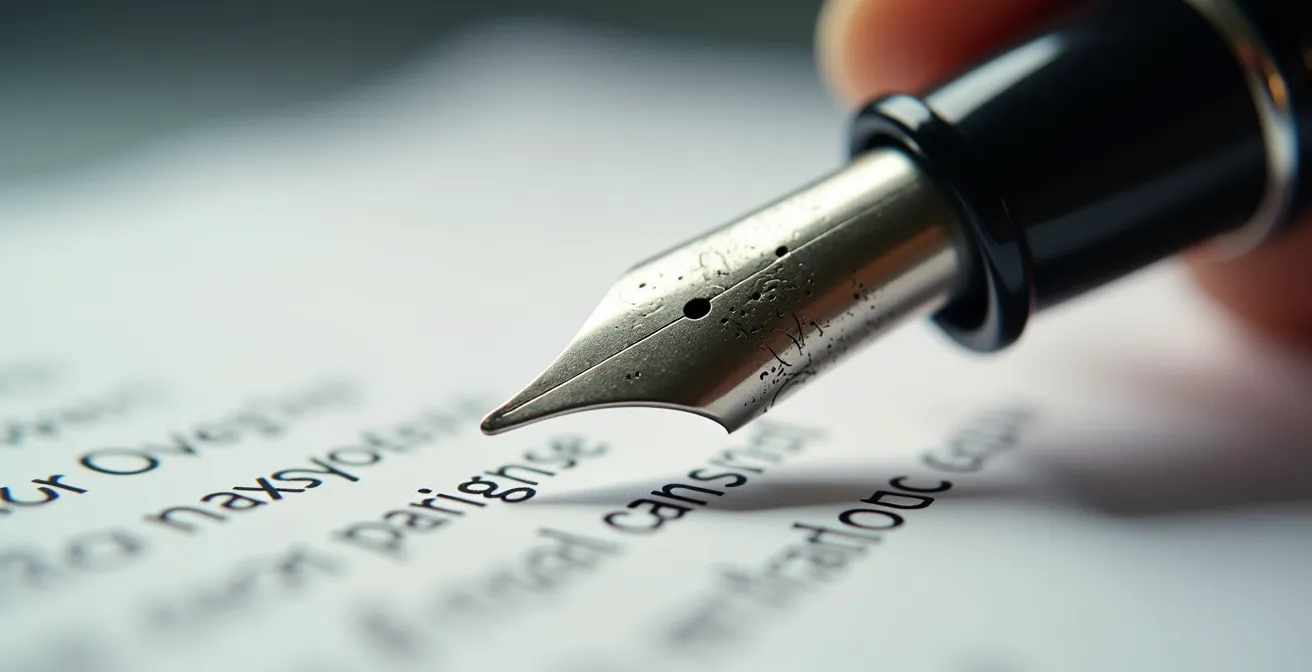 Vue macro d'une main tenant un stylo plume au-dessus de documents administratifs flous