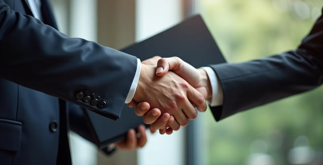 Gros plan sur mains échangeant un document professionnel dans un environnement corporate