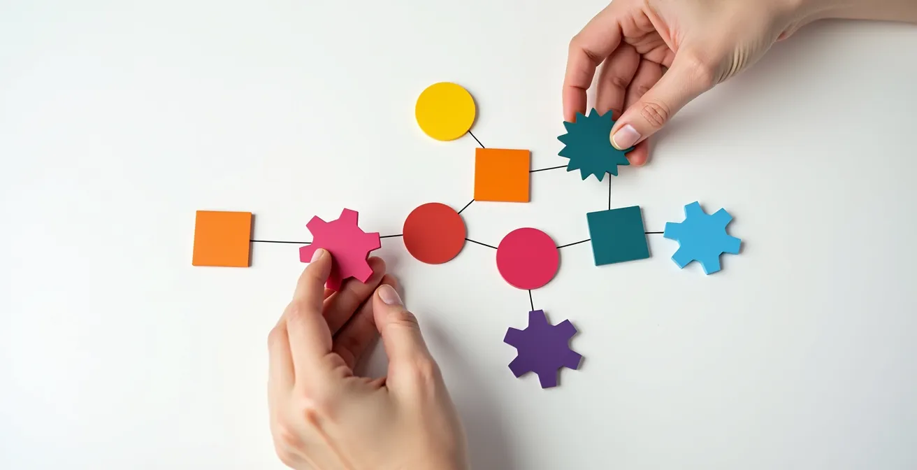 Étudiant analysant une carte mentale des écoles d'ingénieurs avec connexions entre spécialités