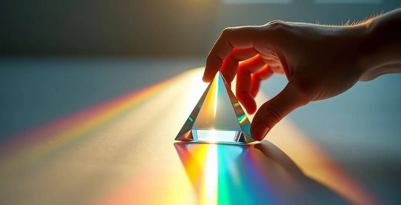 Main tenant un miroir fragmenté reflétant différentes perspectives d'analyse critique