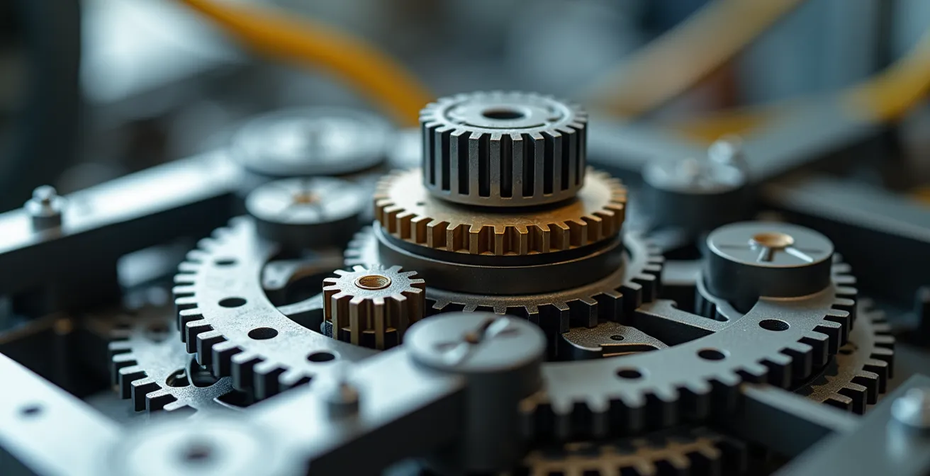 Maquette de système mécanique avec capteurs et actuateurs sur table de travail