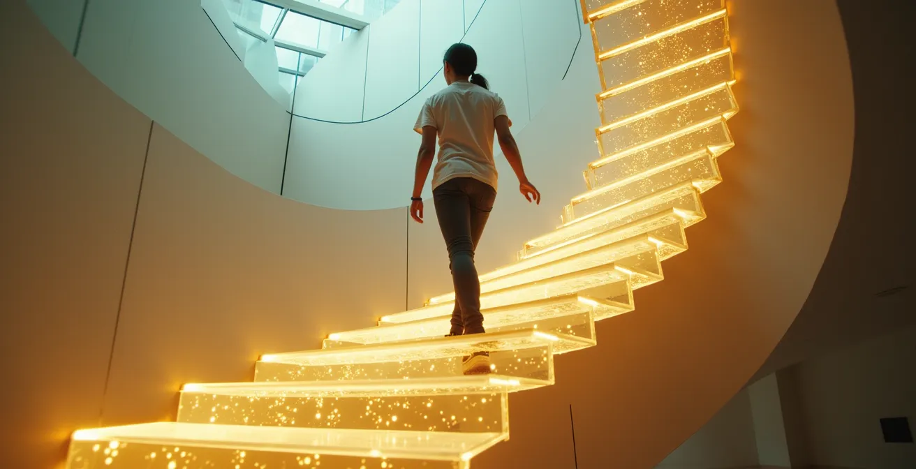 Escalier en spirale moderne avec chaque marche éclairée progressivement vers le sommet baigné de lumière dorée