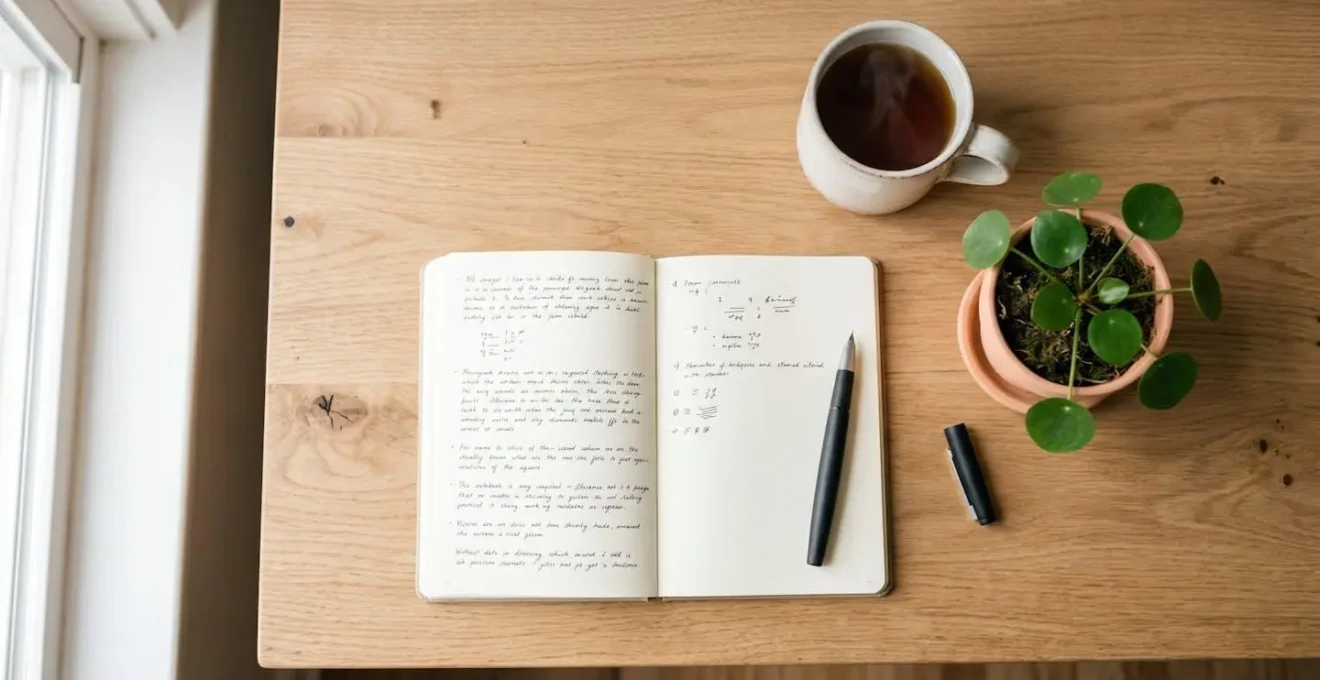 Vue en plongée d'un bureau en bois clair minimaliste avec carnet ouvert, stylo, tasse de thé et petite plante verte, baigné de lumière naturelle douce
