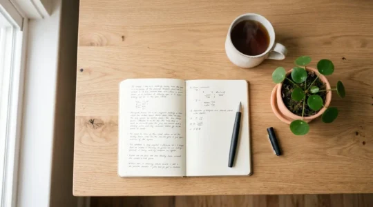 Vue en plongée d'un bureau en bois clair minimaliste avec carnet ouvert, stylo, tasse de thé et petite plante verte, baigné de lumière naturelle douce