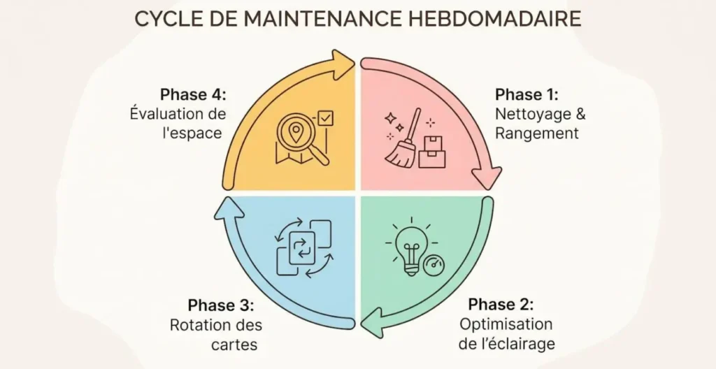 Diagramme circulaire en flat design montrant quatre phases d'un cycle hebdomadaire d'entretien de l'espace de travail avec icônes minimalistes et labels en français Diagramme circulaire en flat design montrant quatre phases d'un cycle hebdomadaire d'entretien de l'espace de travail avec icônes minimalistes et labels en français